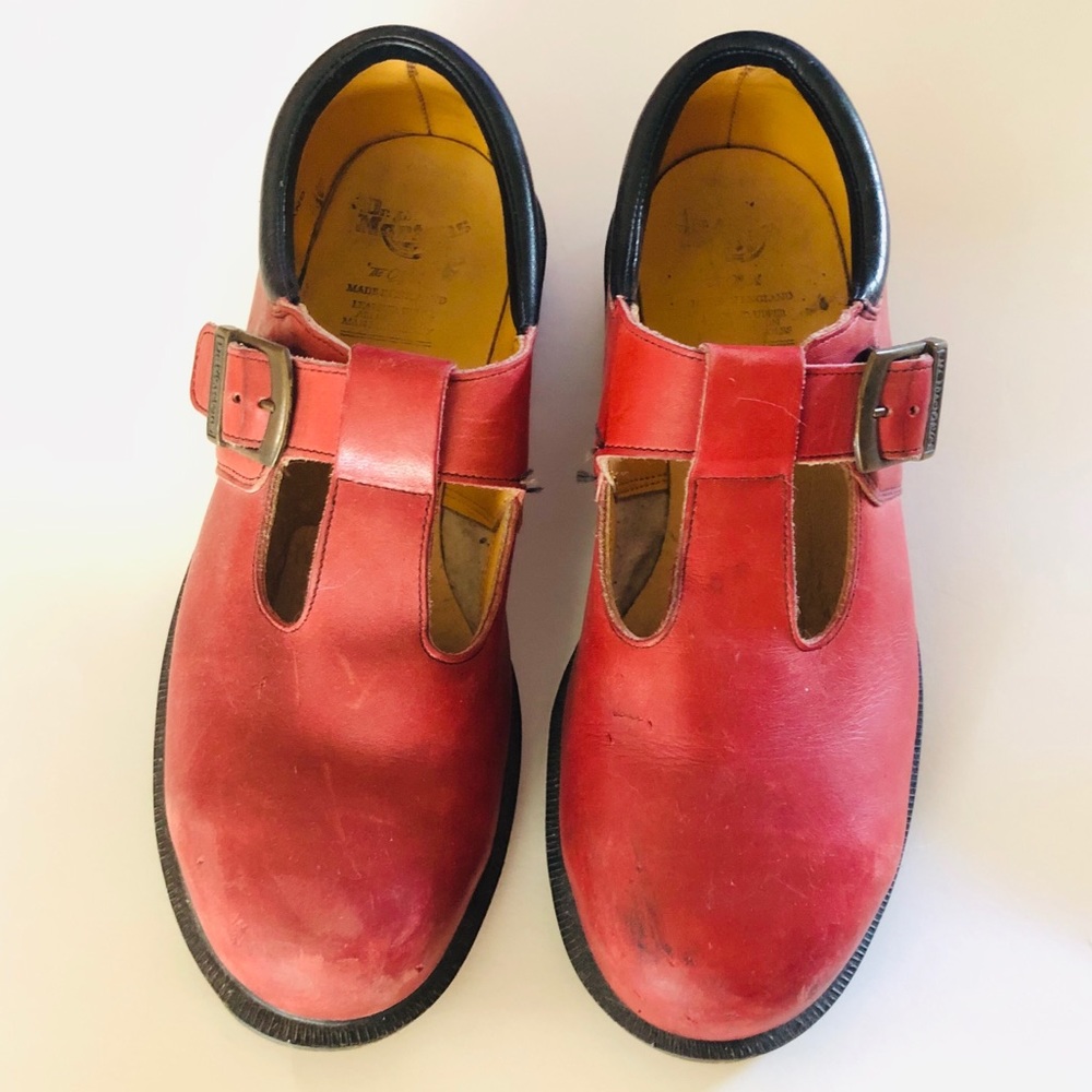 Vtg. Cherry Red Classic Buckle Mary Jane Steel Toe